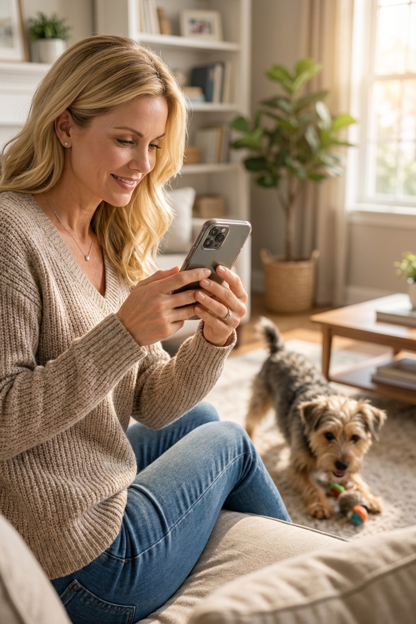 A dog owner holding a smartphone and gently filming a small dog in a living room during a calm moment, realistic candid photo