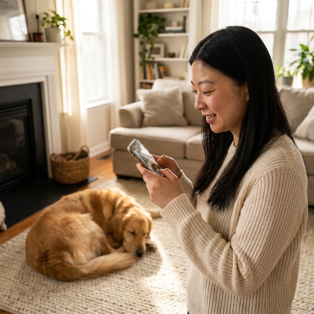A dog owner holding a smartphone at waist level while watching a resting dog on a living room rug in soft indoor light