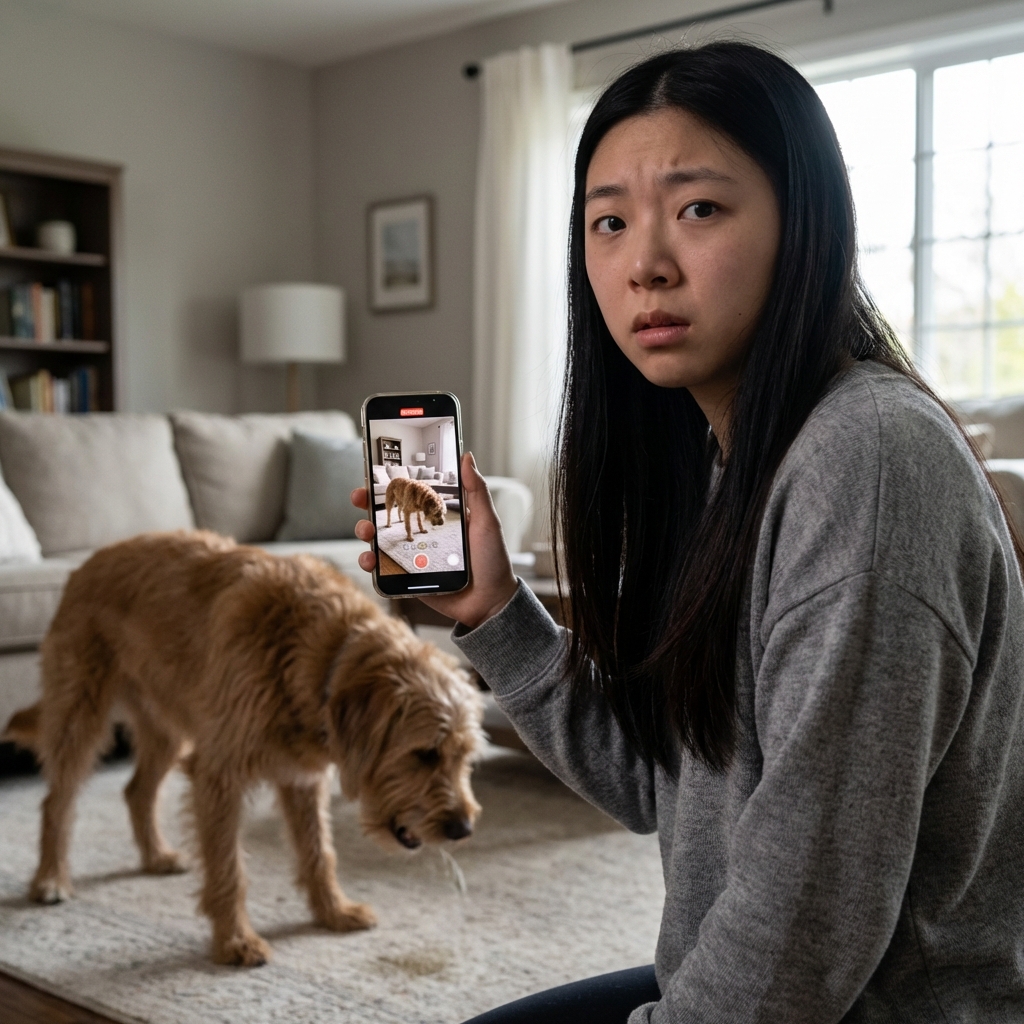 A dog owner holding a smartphone while recording their dog's coughing episode in a quiet room