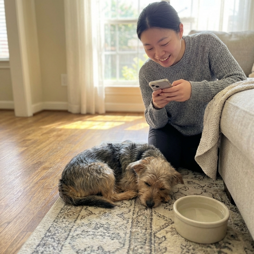 A dog owner holding a smartphone while watching a dog rest on a living room rug