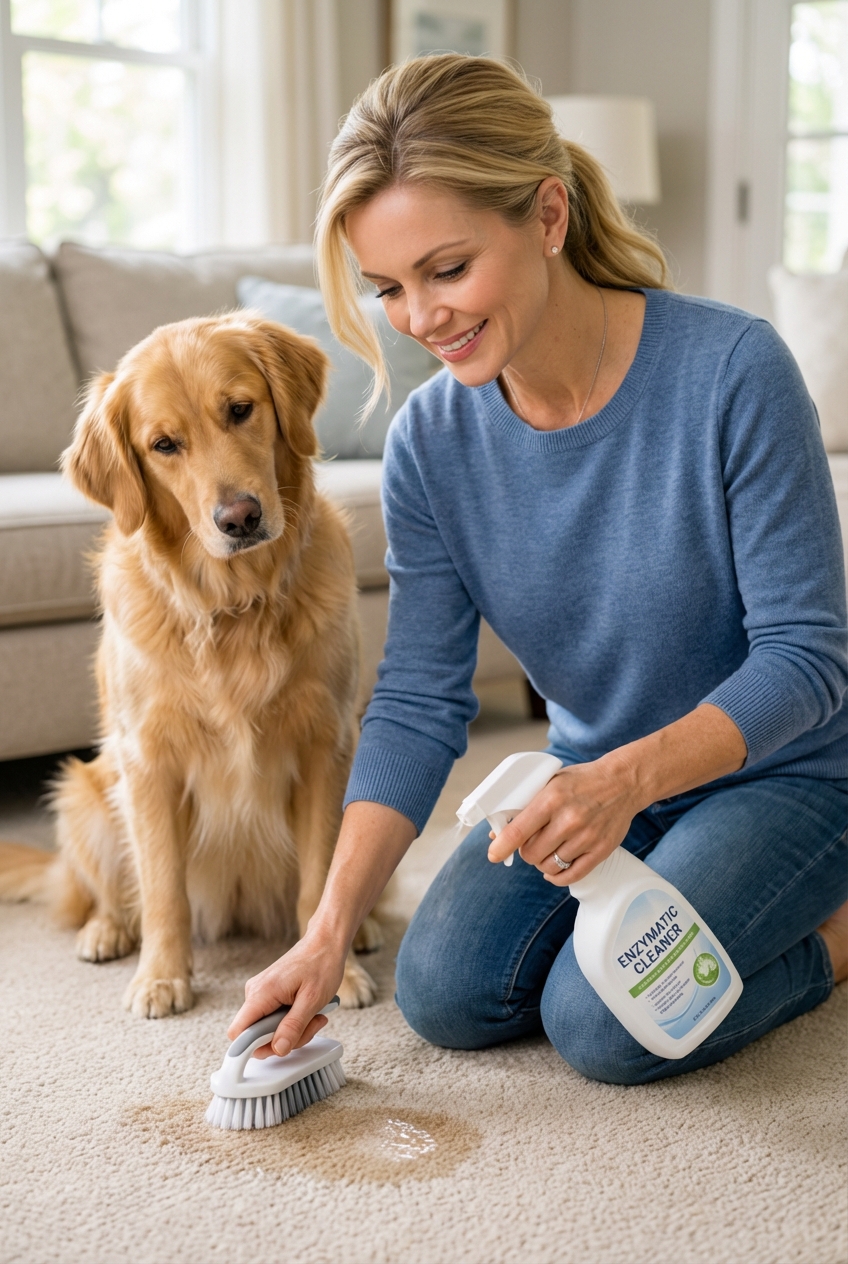 A dog owner holding an enzymatic cleaner spray bottle while cleaning a small area of carpet