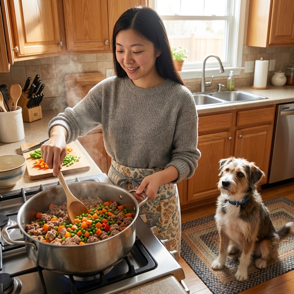A dog owner in a bright home kitchen stirring a pot of cooked ground turkey and vegetables while a medium-sized mixed breed dog watches calmly from a few feet away, photorealistic