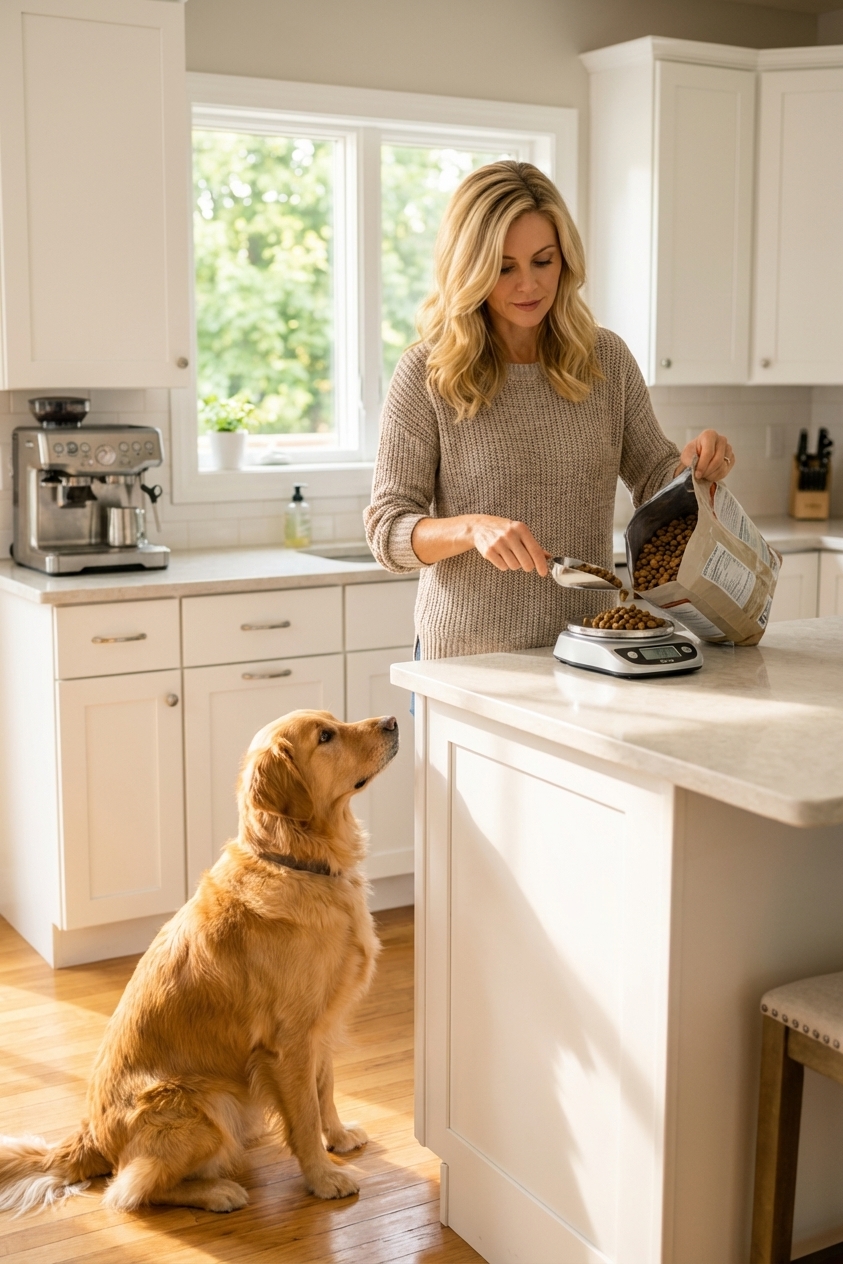 A dog owner in a bright kitchen measuring a dog’s food portion on a small digital kitchen scale while the dog waits nearby, realistic photograph