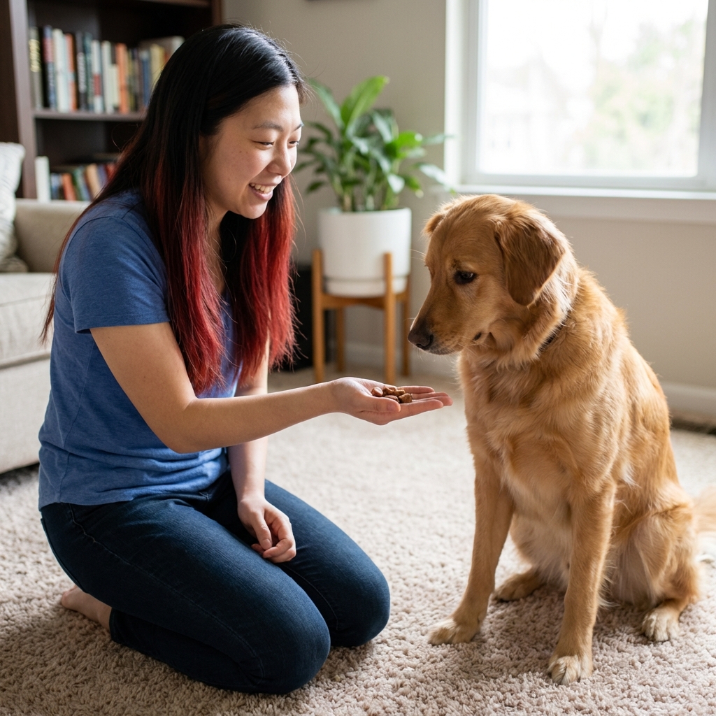 A dog owner kneeling on a carpeted floor holding small treats beside a dog sitting and watching