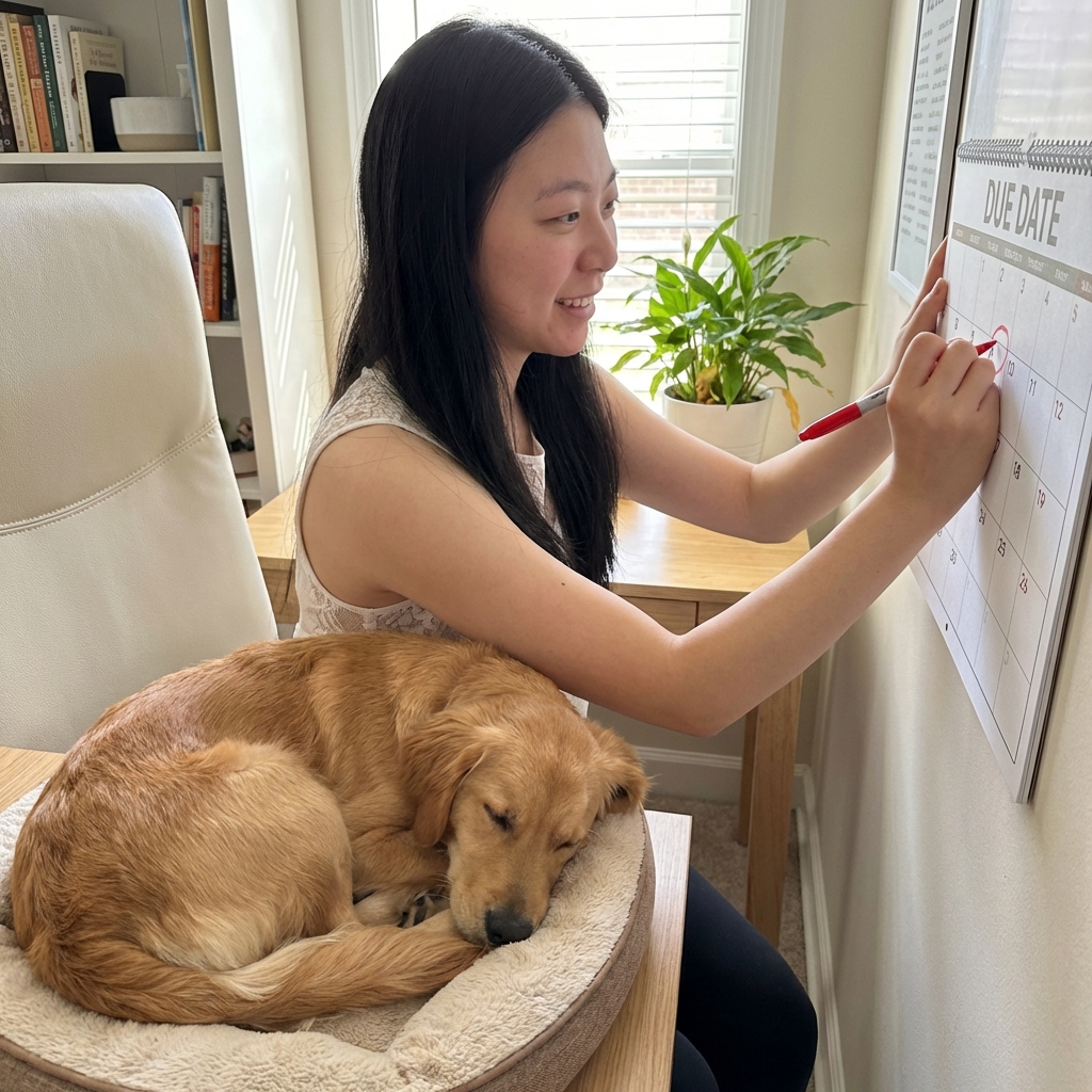 A dog owner marking a due date on a calendar next to a sleeping dog