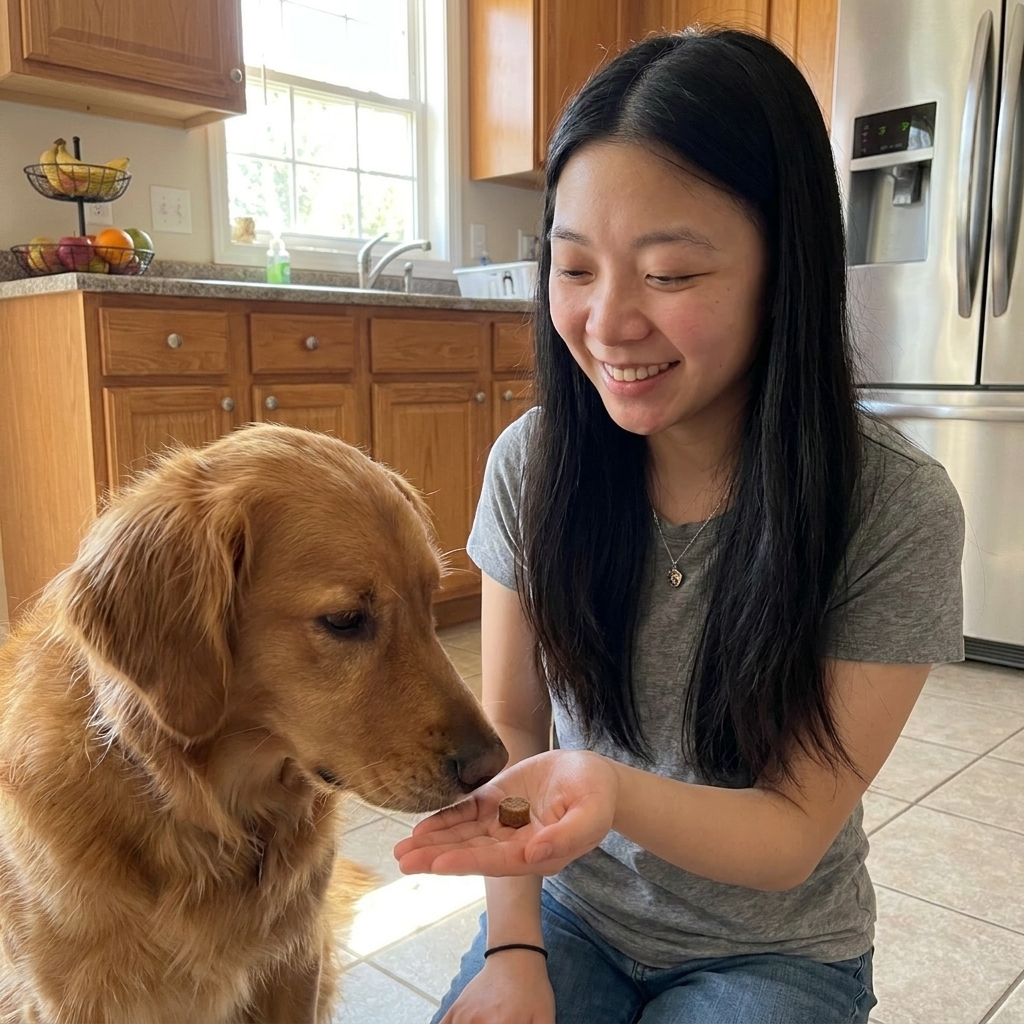 A dog owner offering a chewable parasite preventive to a medium-sized dog in a bright kitchen, real photo style