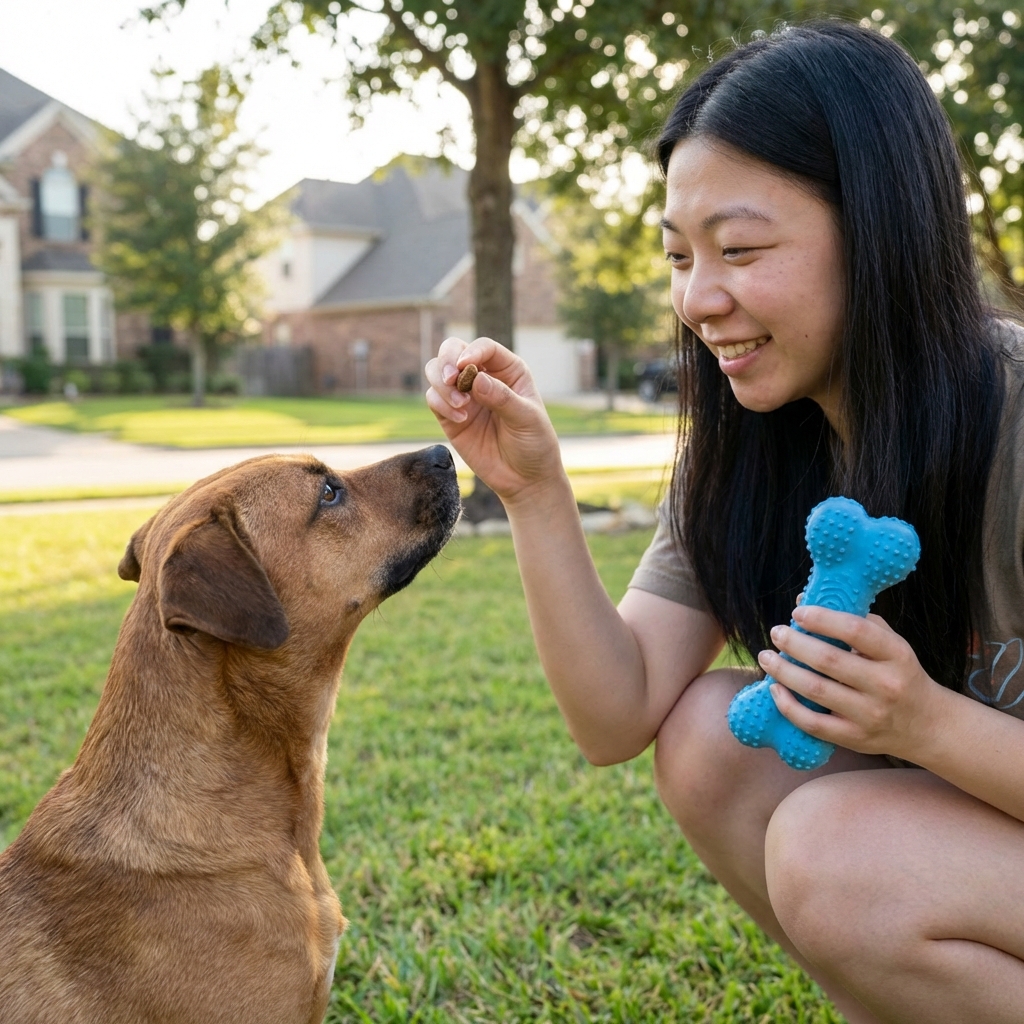 A dog owner offering a treat while holding a durable rubber chew toy as a dog looks up attentively
