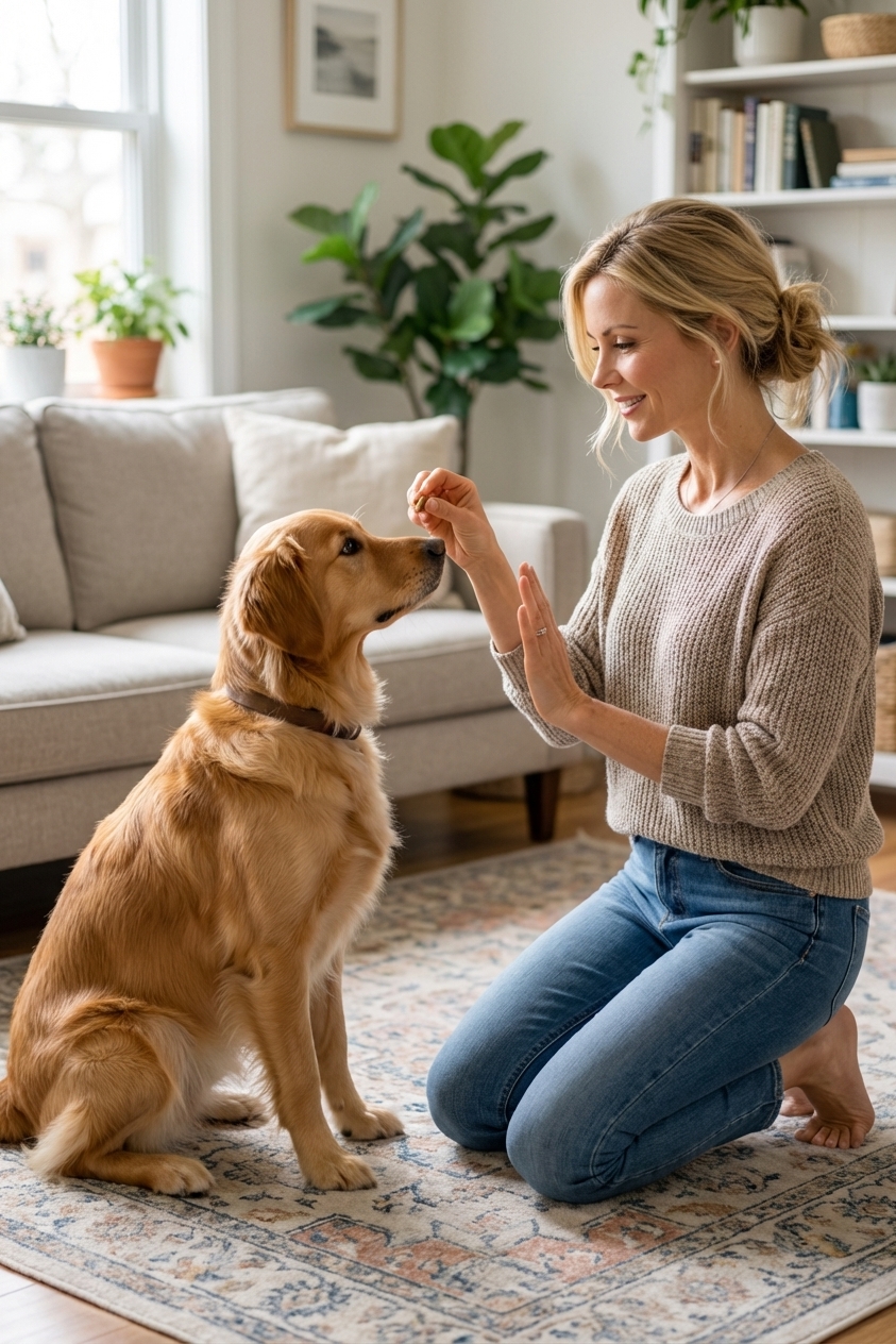 A dog owner practicing a sit-stay with a treat reward in a quiet living room