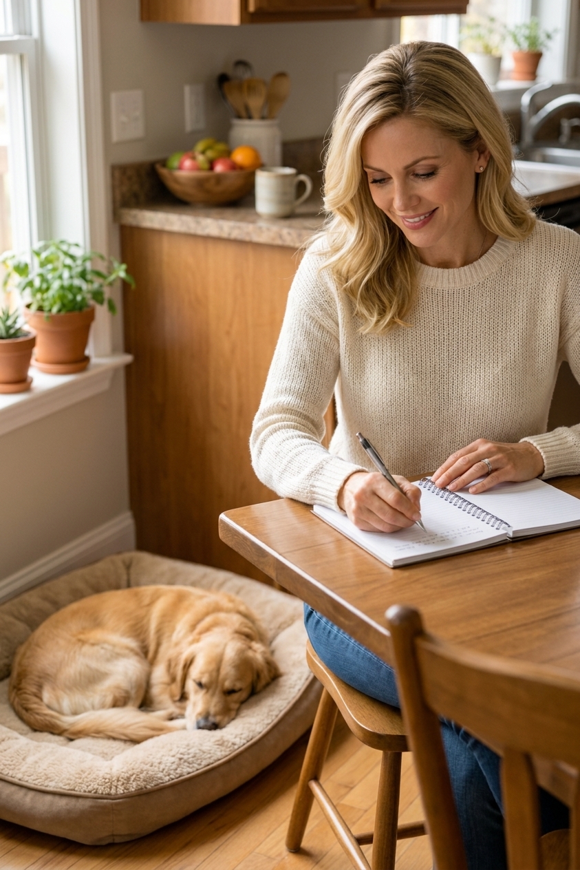 A dog owner sitting at a kitchen table writing notes in a notebook while their dog rests calmly nearby on a soft bed