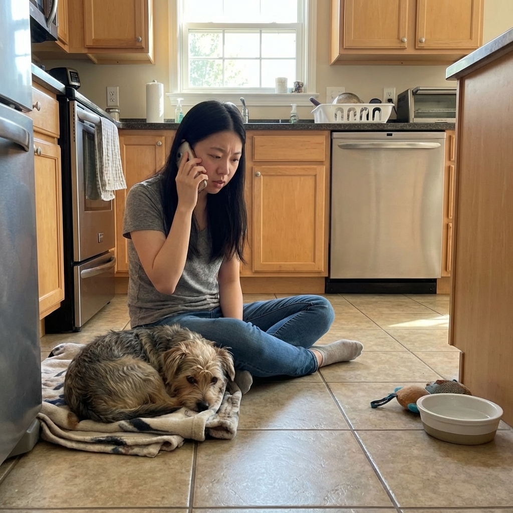 A dog owner sitting on a kitchen floor beside a small dog while calling a veterinarian on a phone, realistic home photo