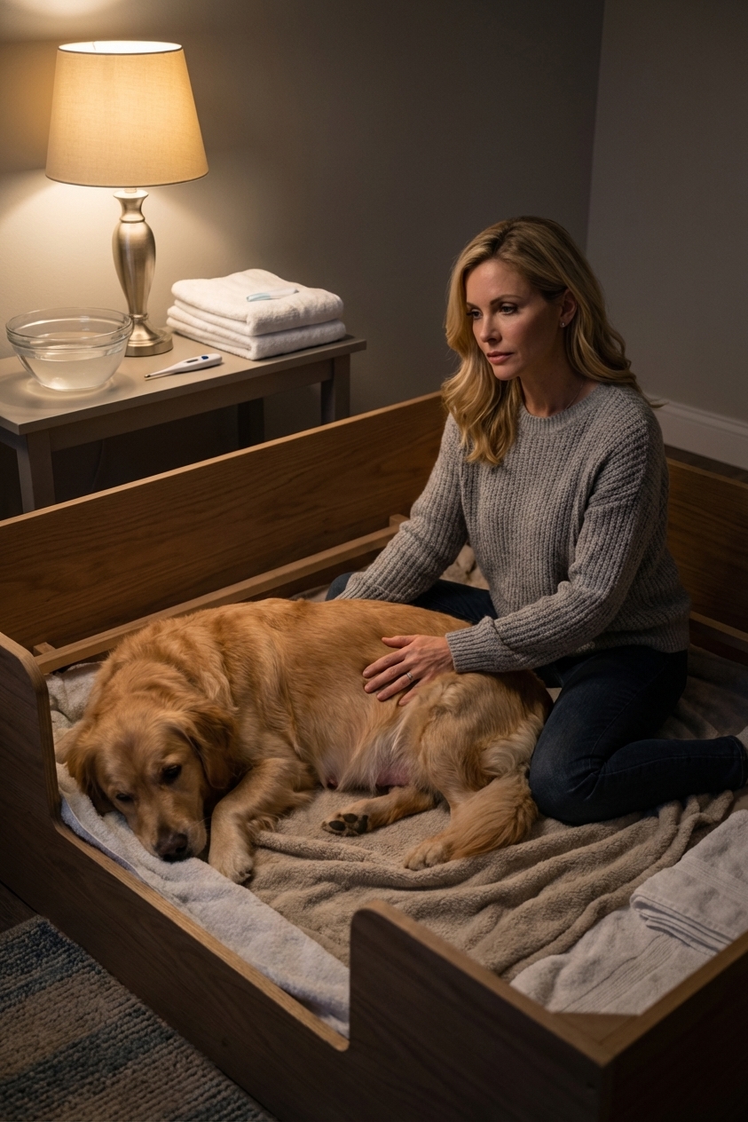 A dog owner sitting quietly beside a pregnant dog in a dim, calm room near a prepared whelping box