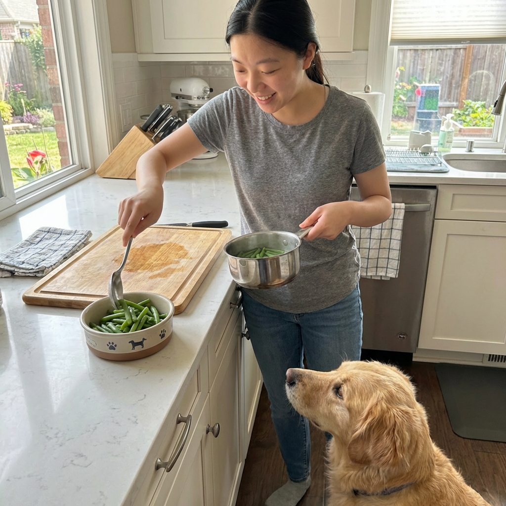 A dog owner spooning lightly steamed green beans into a dog bowl on a kitchen counter