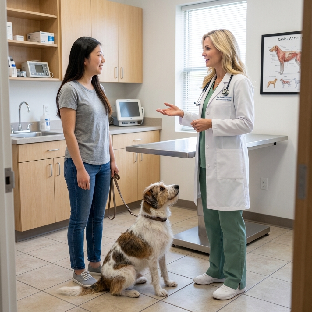 A dog owner talking with a veterinarian in a modern exam room while their mixed-breed dog sits calmly on the floor, real photograph