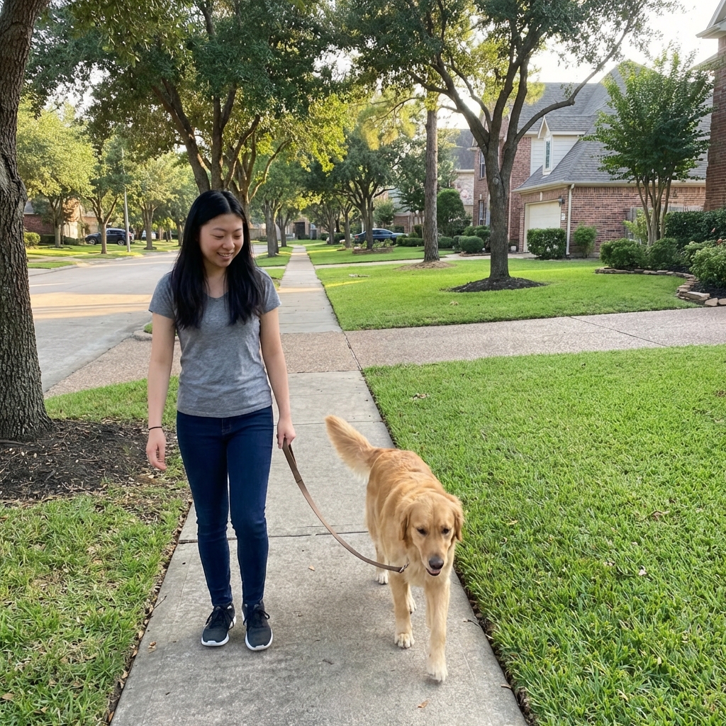 A dog owner walking a leashed dog on a quiet neighborhood sidewalk during daylight