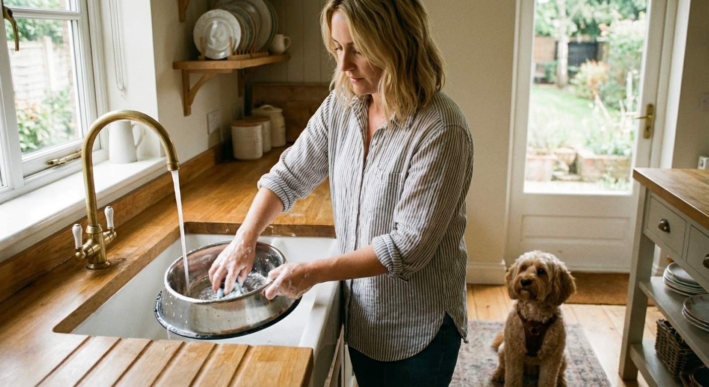 A dog owner washing a stainless steel pet bowl at a kitchen sink