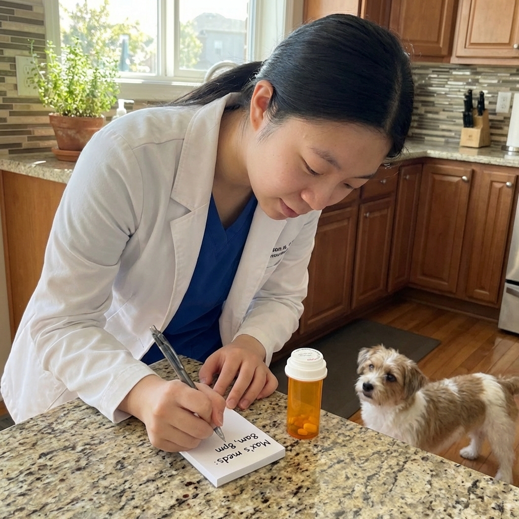 A dog owner writing medication times on a notepad next to a pill bottle on a kitchen counter