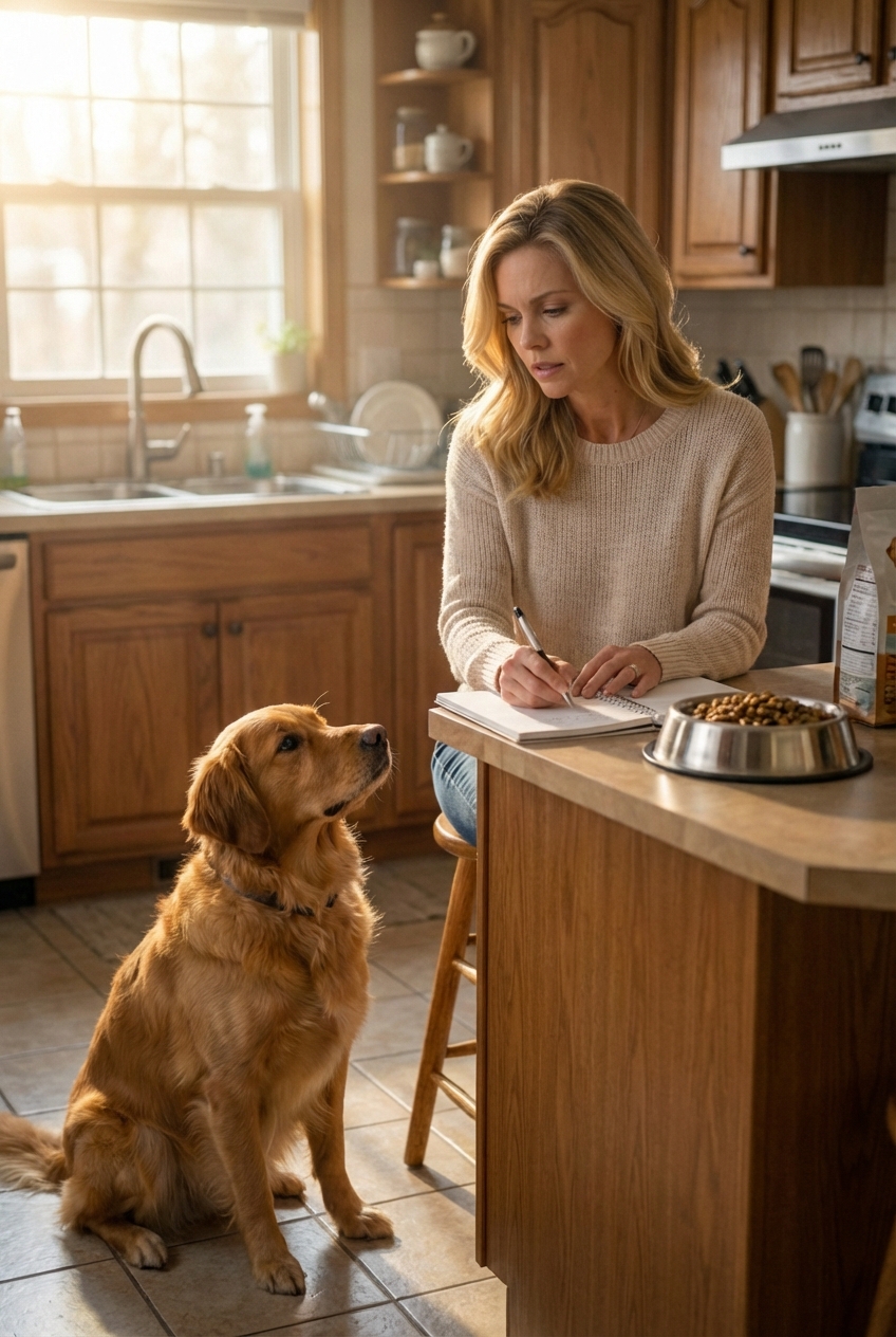 A dog owner writing notes in a notebook beside a dog food bowl on a kitchen counter