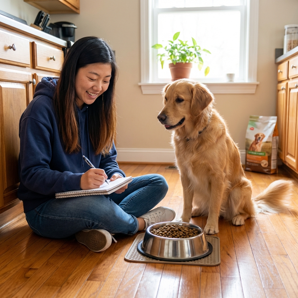 A dog owner writing notes in a notebook next to a dog food bowl on a kitchen floor