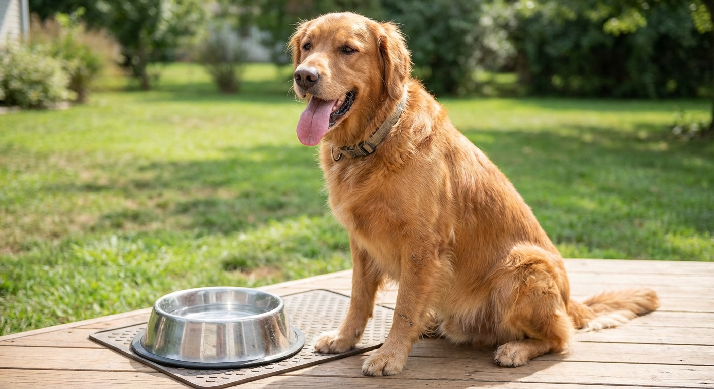 A dog panting after exercise while resting next to a water bowl outdoors