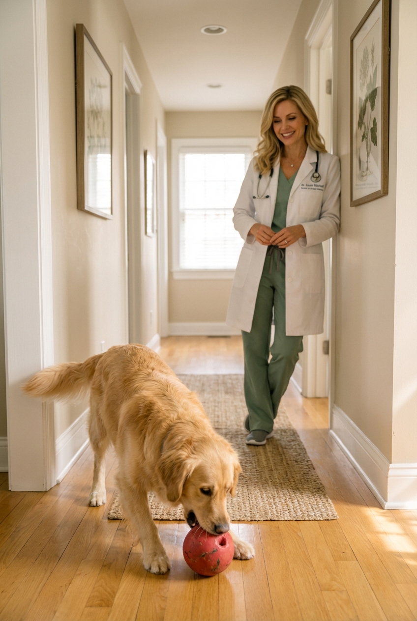 A dog picking up a rubber ball from the floor in a quiet hallway with a person standing a few steps away