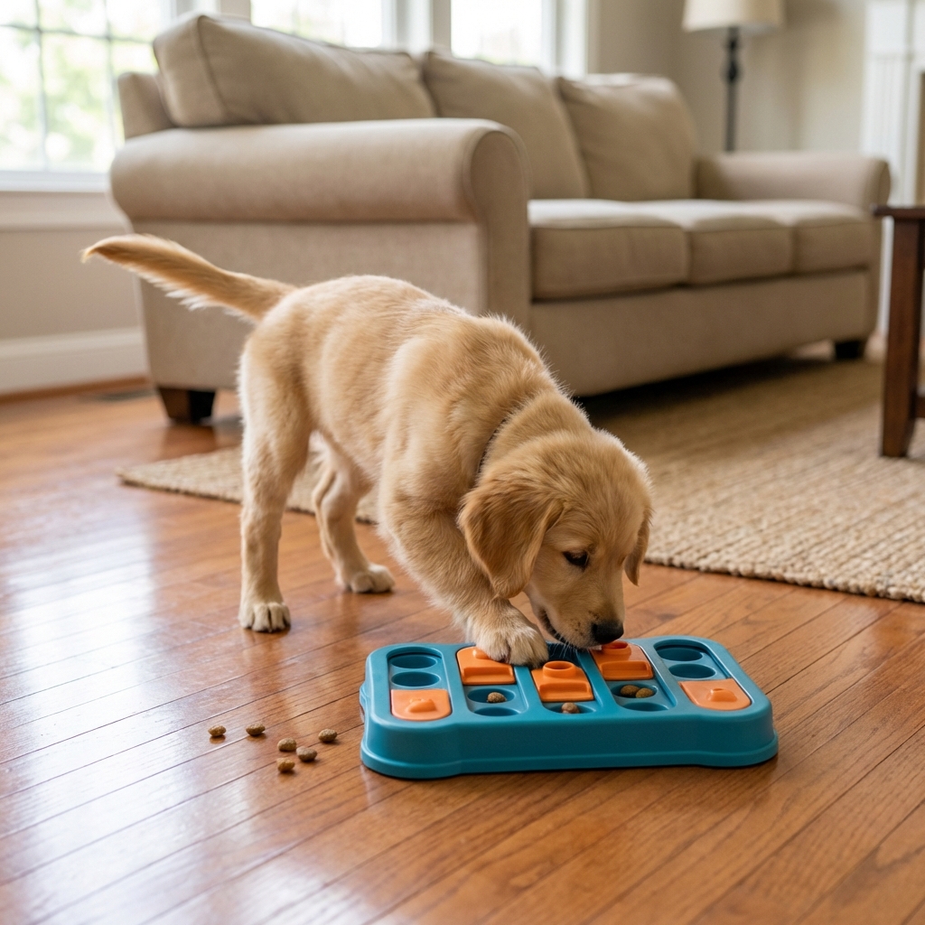 A dog playing with a food puzzle toy on a living room floor