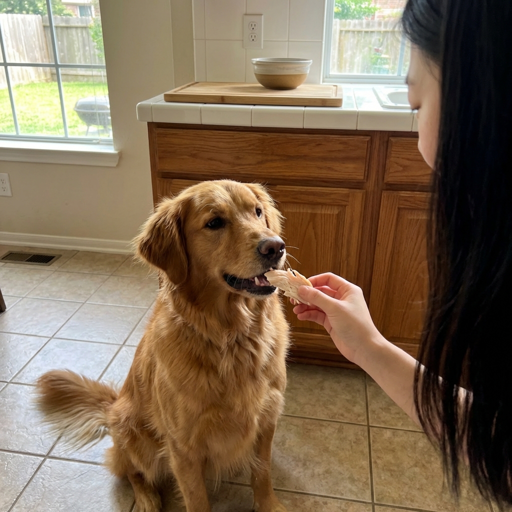 A dog receiving a small piece of cooked chicken as a treat in a home kitchen