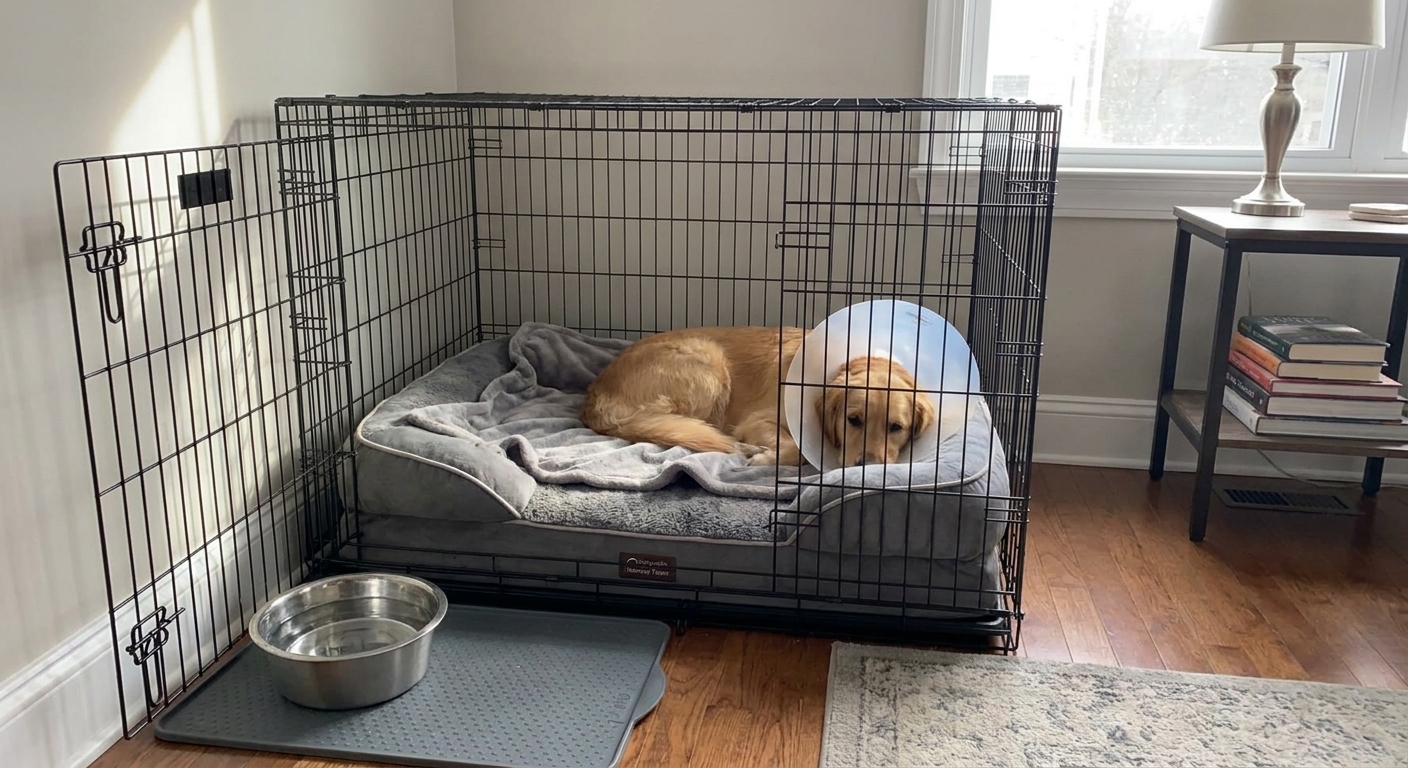 A dog recovery setup in a home with a crate, an orthopedic dog bed, and a water bowl placed within reach, realistic photography