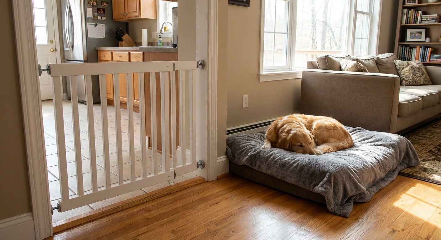 A dog relaxing on a bed in a living room while a baby gate blocks access to the kitchen