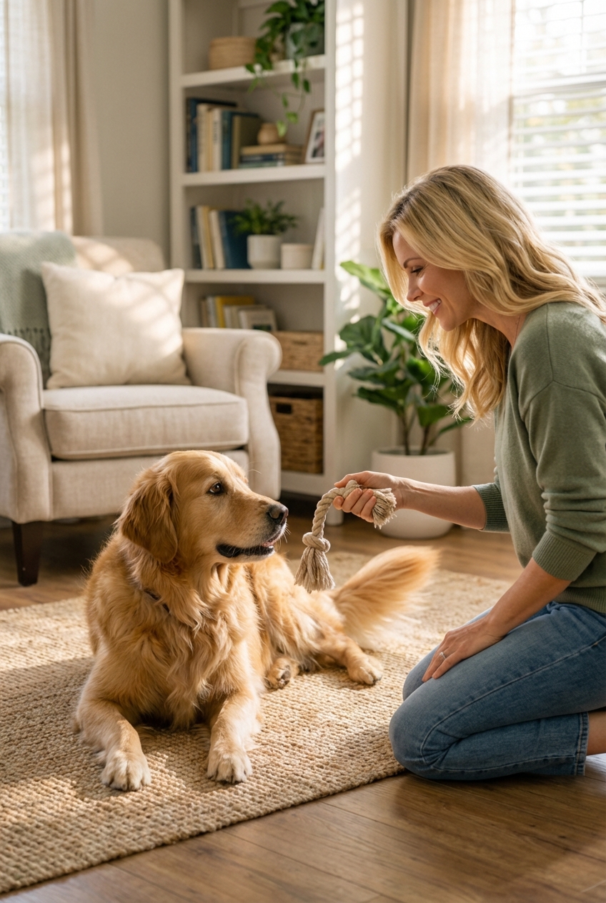 A dog relaxing on a mat while a person offers a chew toy in a cozy home setting