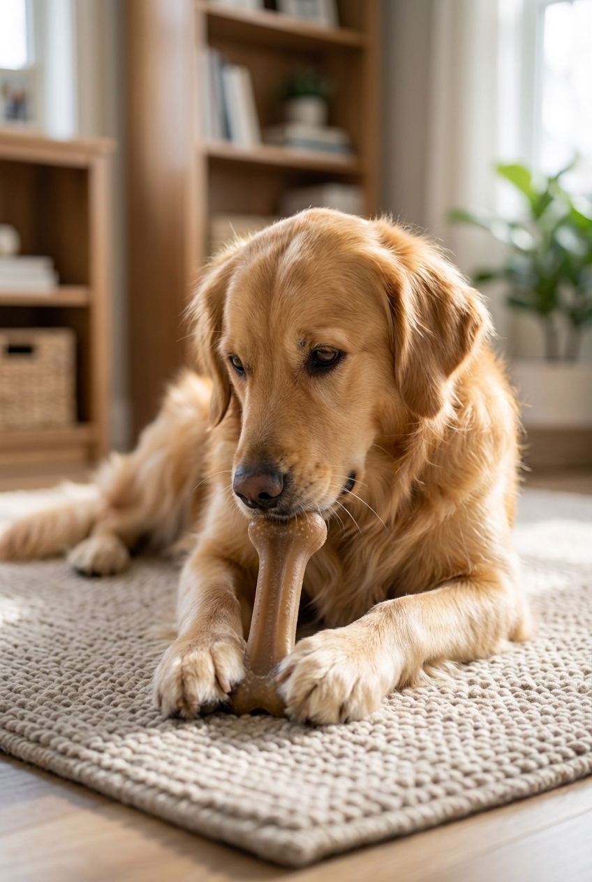 A dog relaxing on a mat while chewing a safe chew toy in a quiet room