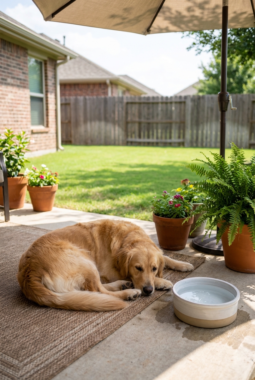 A dog relaxing on a shaded patio with a water bowl nearby