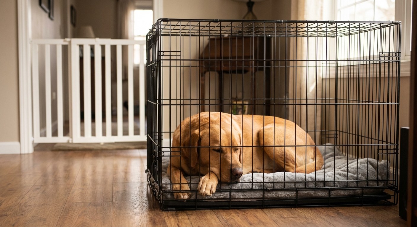 A dog resting calmly in a crate indoors while a baby gate blocks a hallway in the background