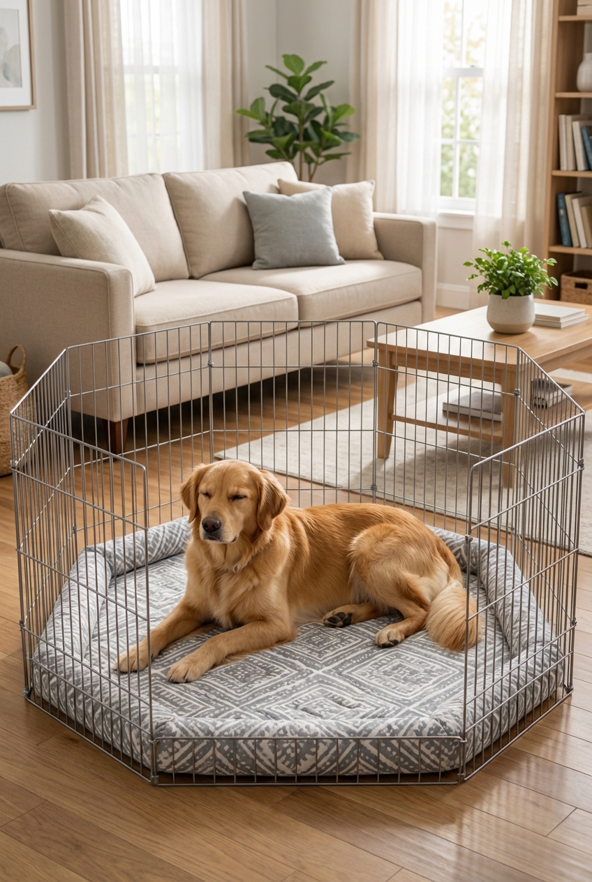 A dog resting calmly in an exercise pen with a washable mat in a living room