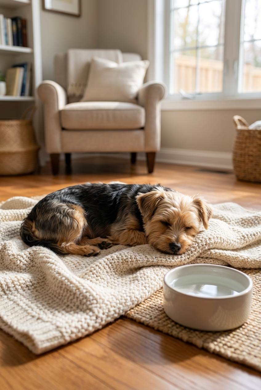 A dog resting calmly on a blanket at home with a water bowl nearby
