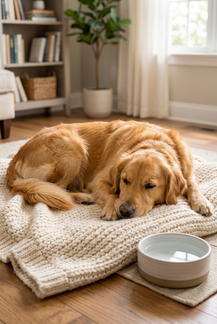 A dog resting comfortably on a blanket at home with a water bowl nearby