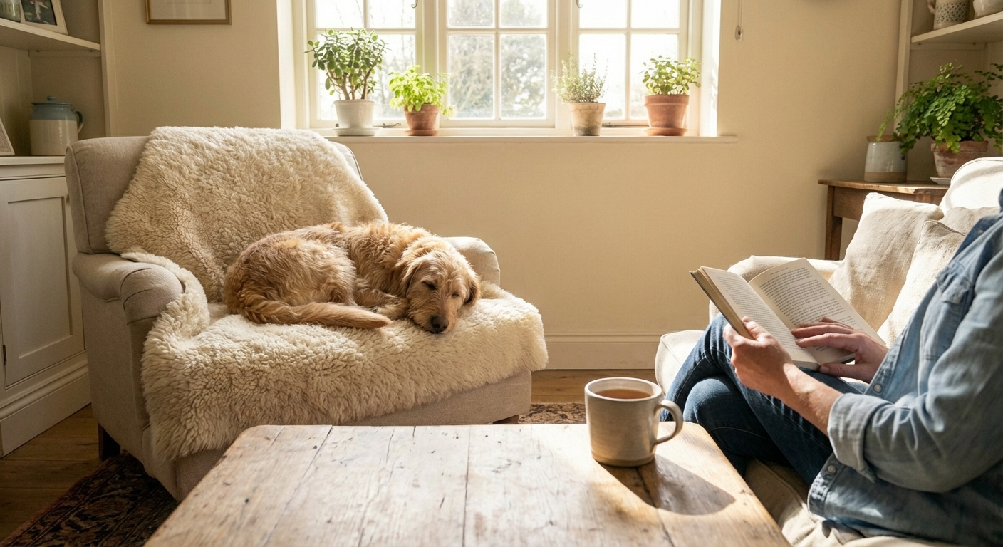 A dog resting comfortably on a blanket in a living room while a person sits nearby
