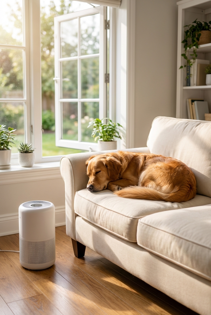 A dog resting comfortably on a couch near an open window with sunlight coming in and a small air purifier on the floor