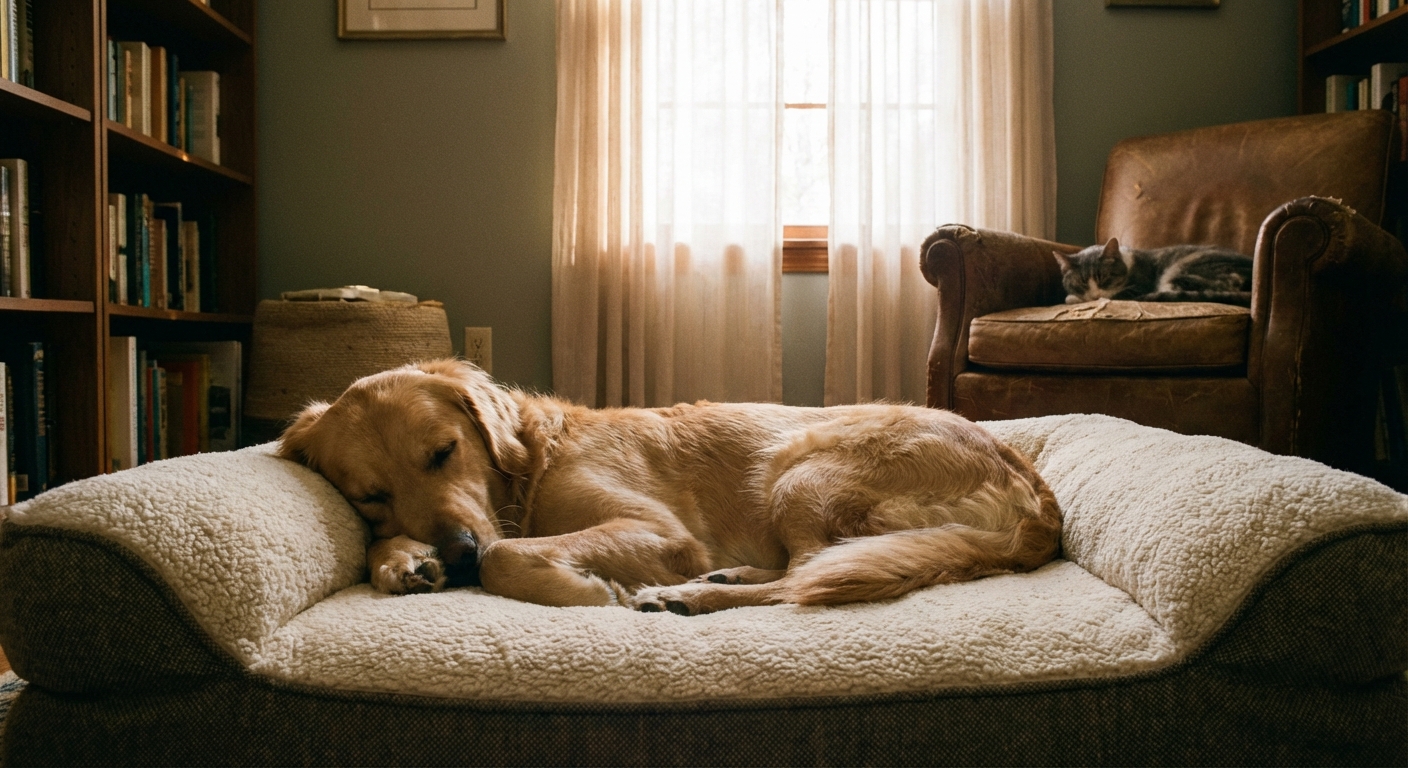 A dog resting comfortably on a dog bed in a quiet, softly lit room