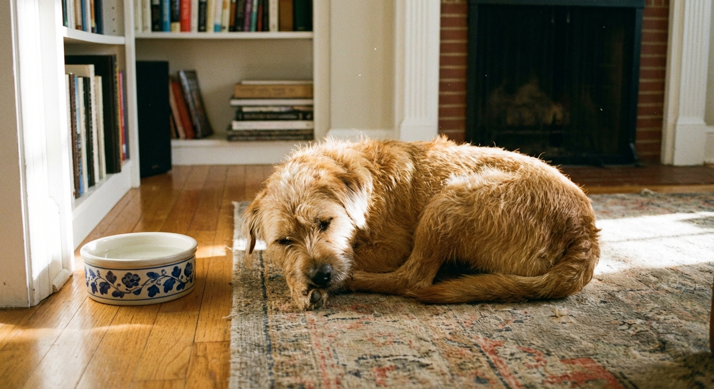 A dog resting comfortably on a living room floor with a water bowl nearby