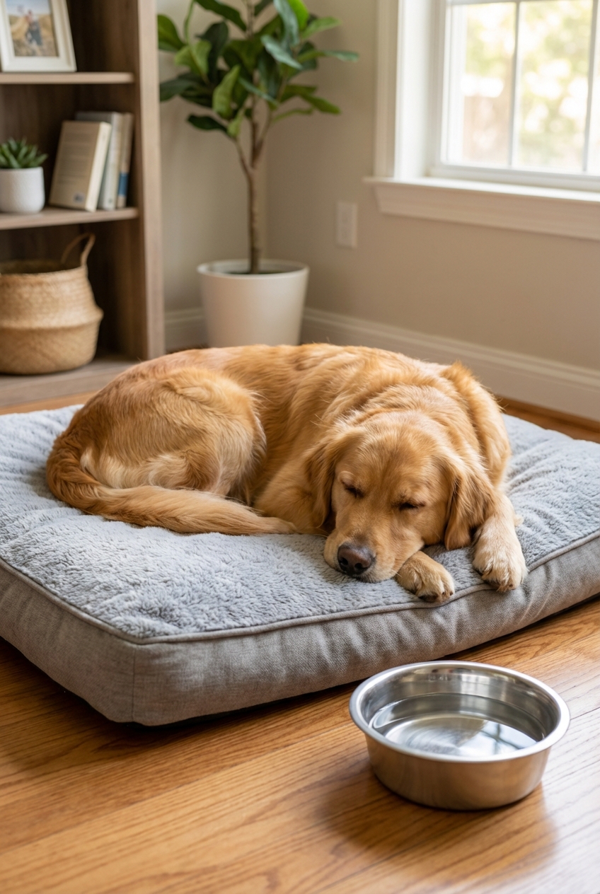 A dog resting comfortably on a soft bed at home with a water bowl nearby