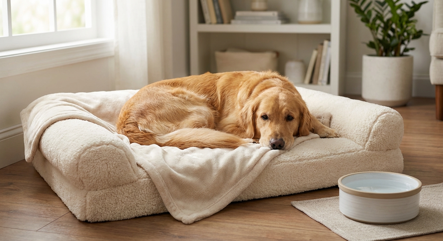 A dog resting comfortably on a soft bed indoors with a water bowl nearby