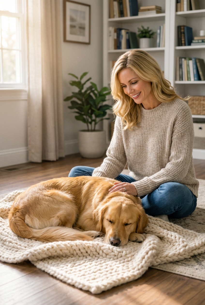 A dog resting comfortably on a soft blanket at home with a caring owner sitting nearby