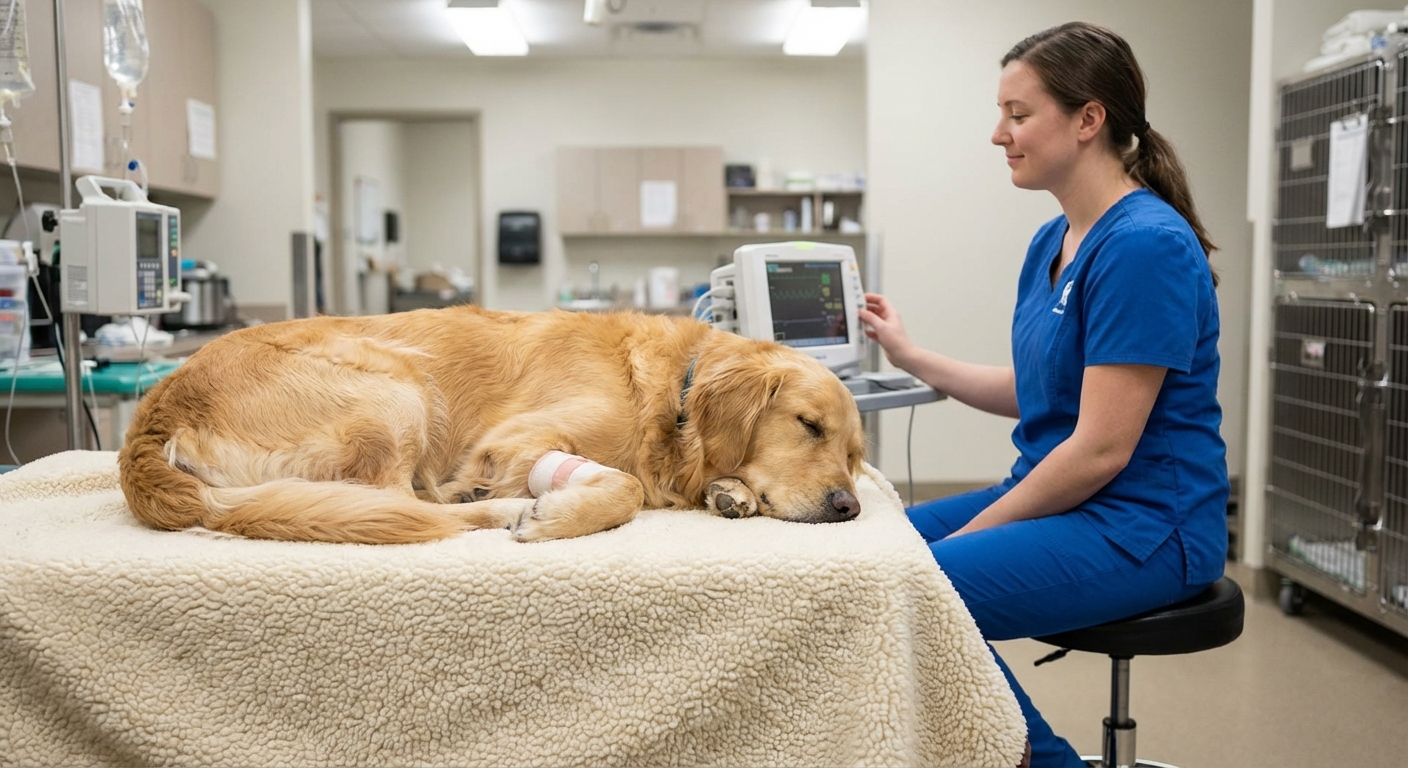 A dog resting comfortably on a soft blanket in a veterinary recovery area with a calm technician nearby