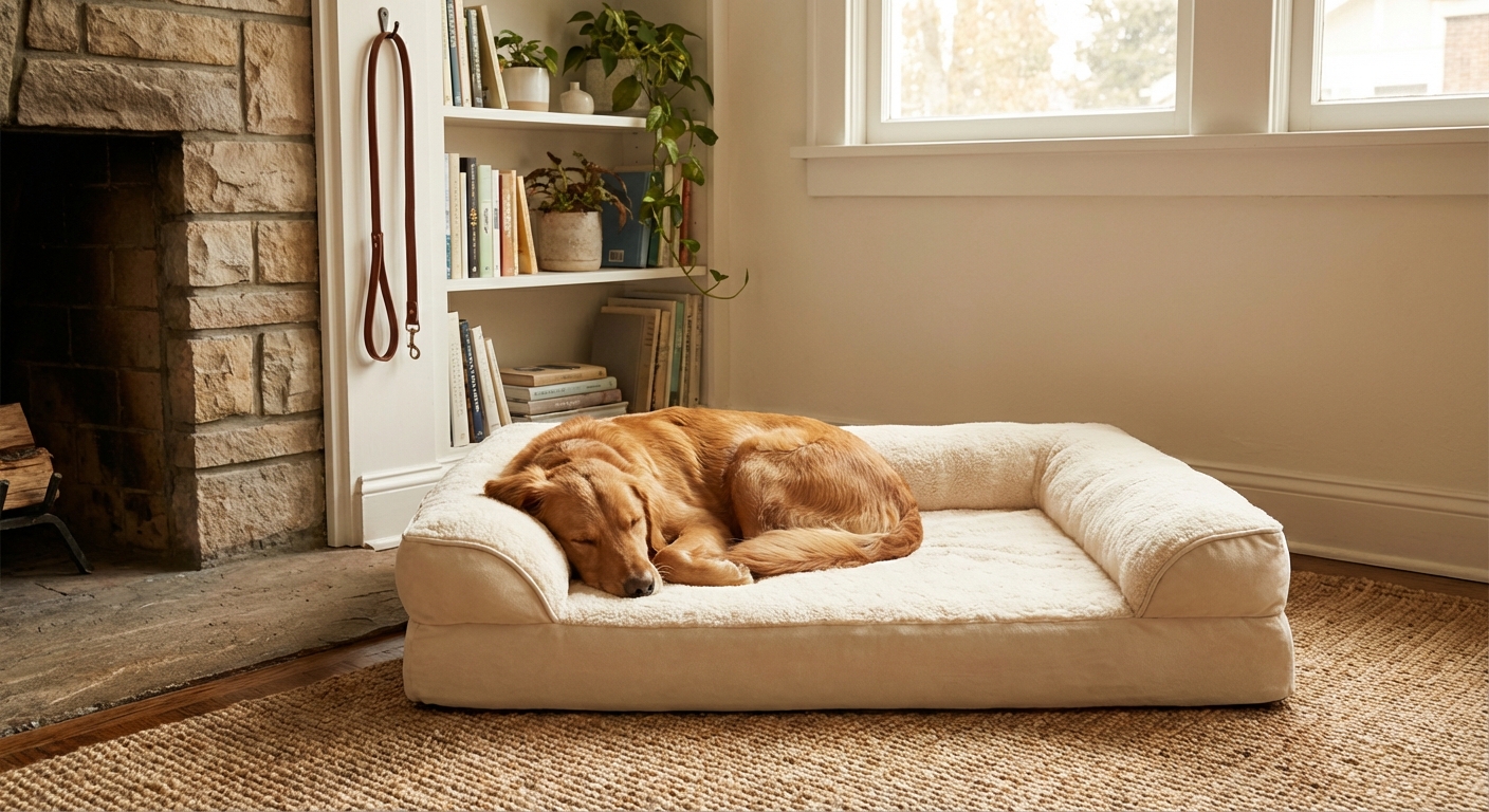 A dog resting comfortably on a thick bed in a quiet living room with a leash hanging nearby