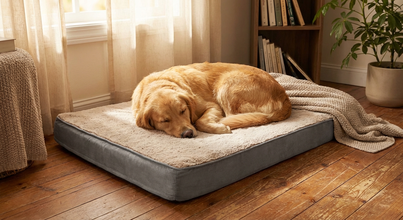 A dog resting comfortably on a thick orthopedic bed in a living room with soft natural light
