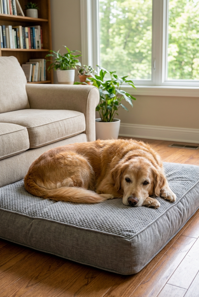 A dog resting comfortably on a thick orthopedic bed in a living room