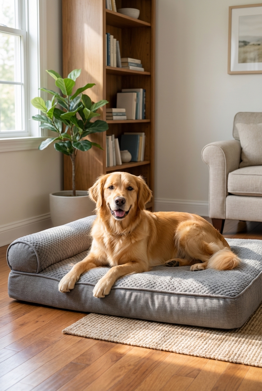 A dog resting comfortably on a thick orthopedic bed in a quiet corner of a home