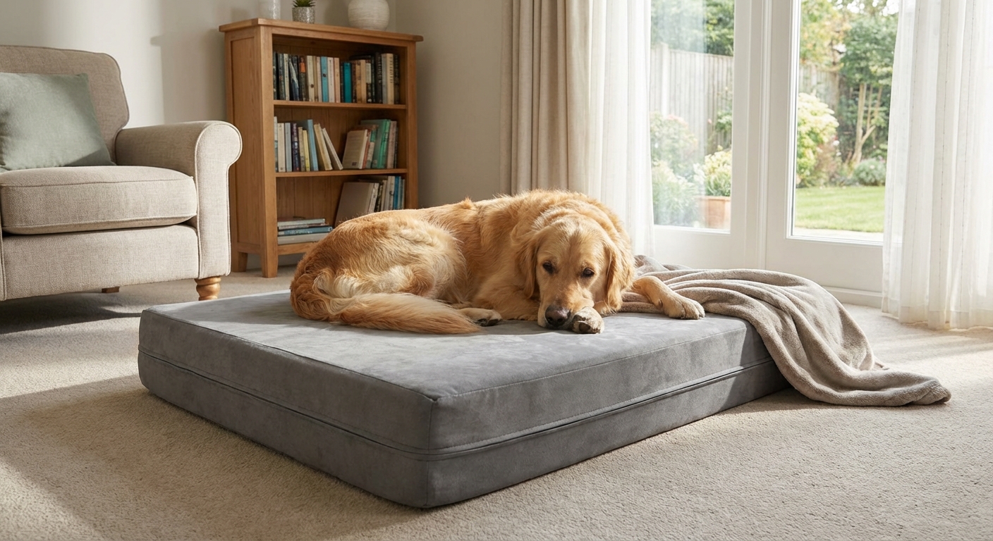 A dog resting comfortably on a thick orthopedic bed in a quiet living room