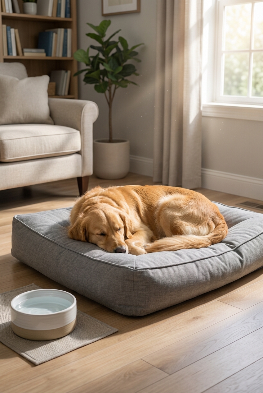 A dog resting comfortably on a washable bed in a quiet room with a nearby water bowl
