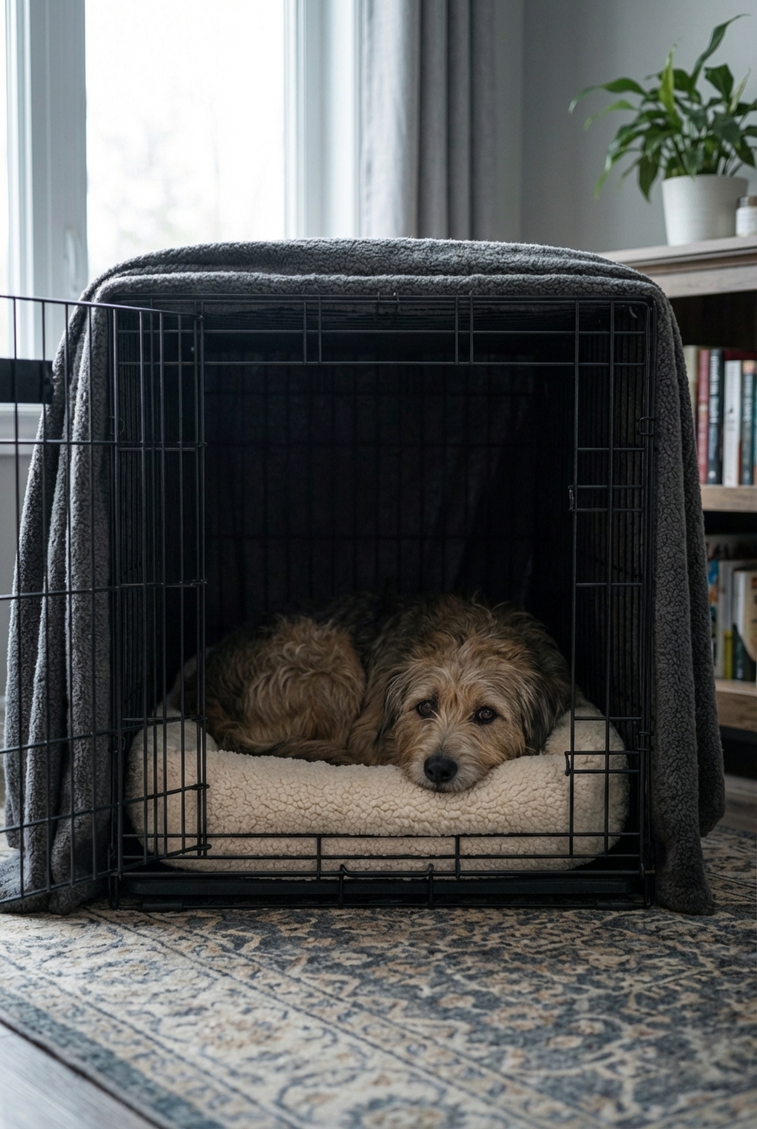 A dog resting in a covered crate with a soft bed in a quiet room